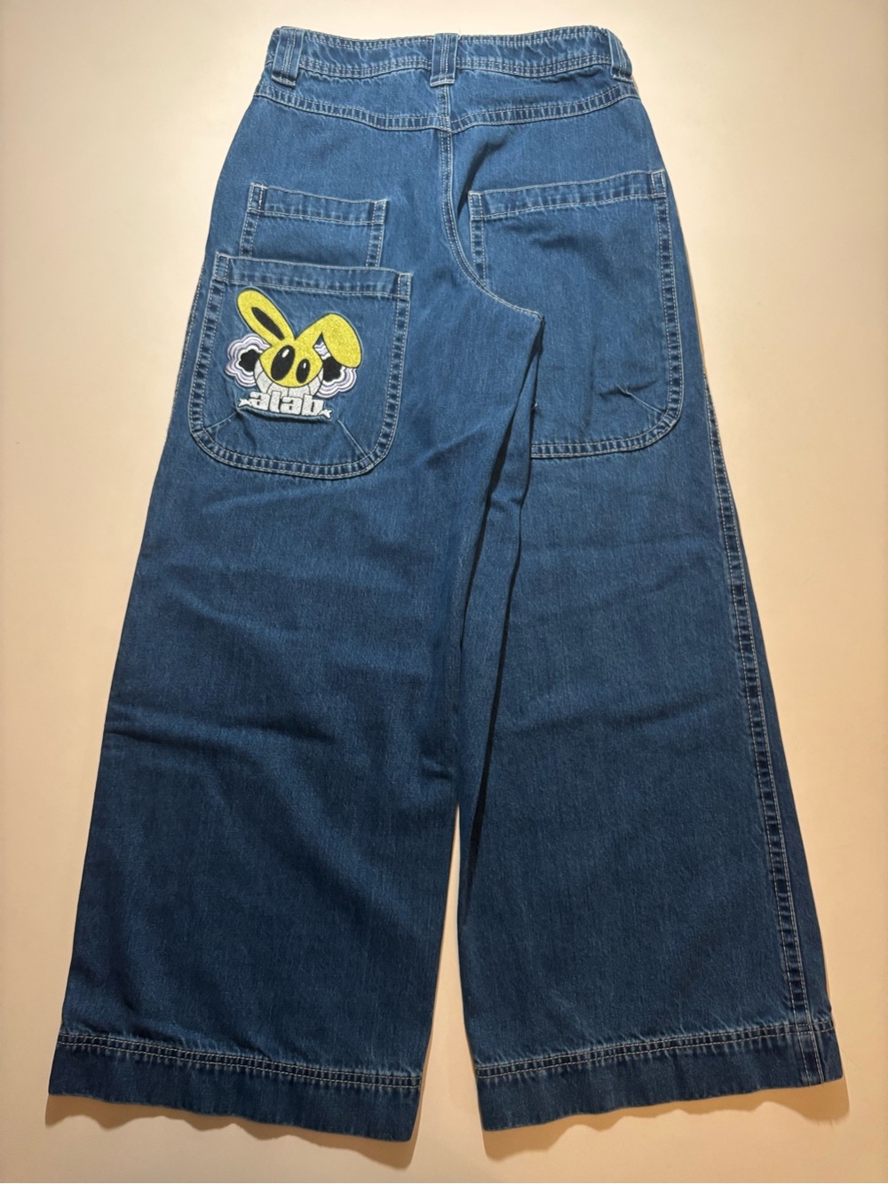 Unisex Raver Alab yellow bunny Jnco style baggy embroidered jeans wide leg